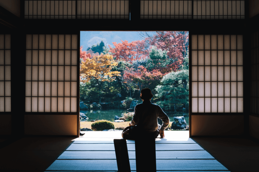 Person seated in temple, enjoying vibrant garden view.